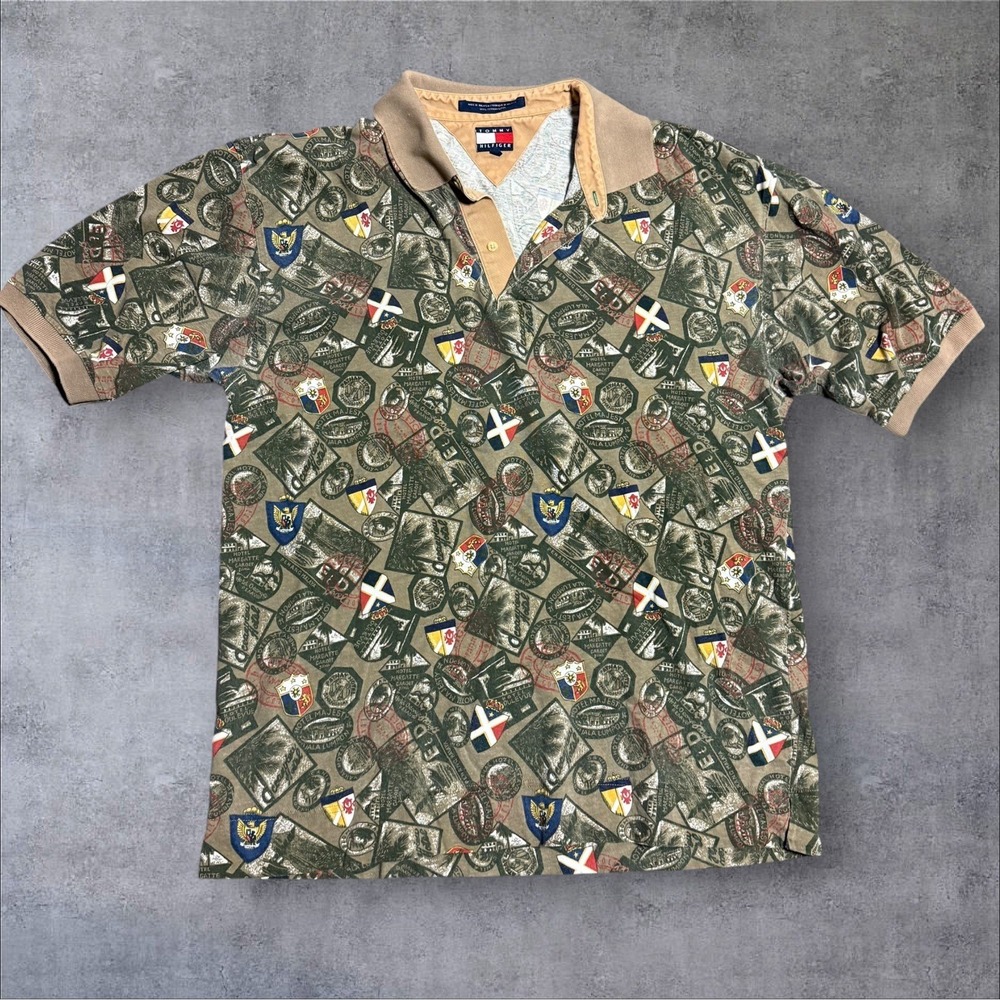 Vintage 90s Tommy Hilfiger All Over Print Short Sleeve Button Up Tee XL